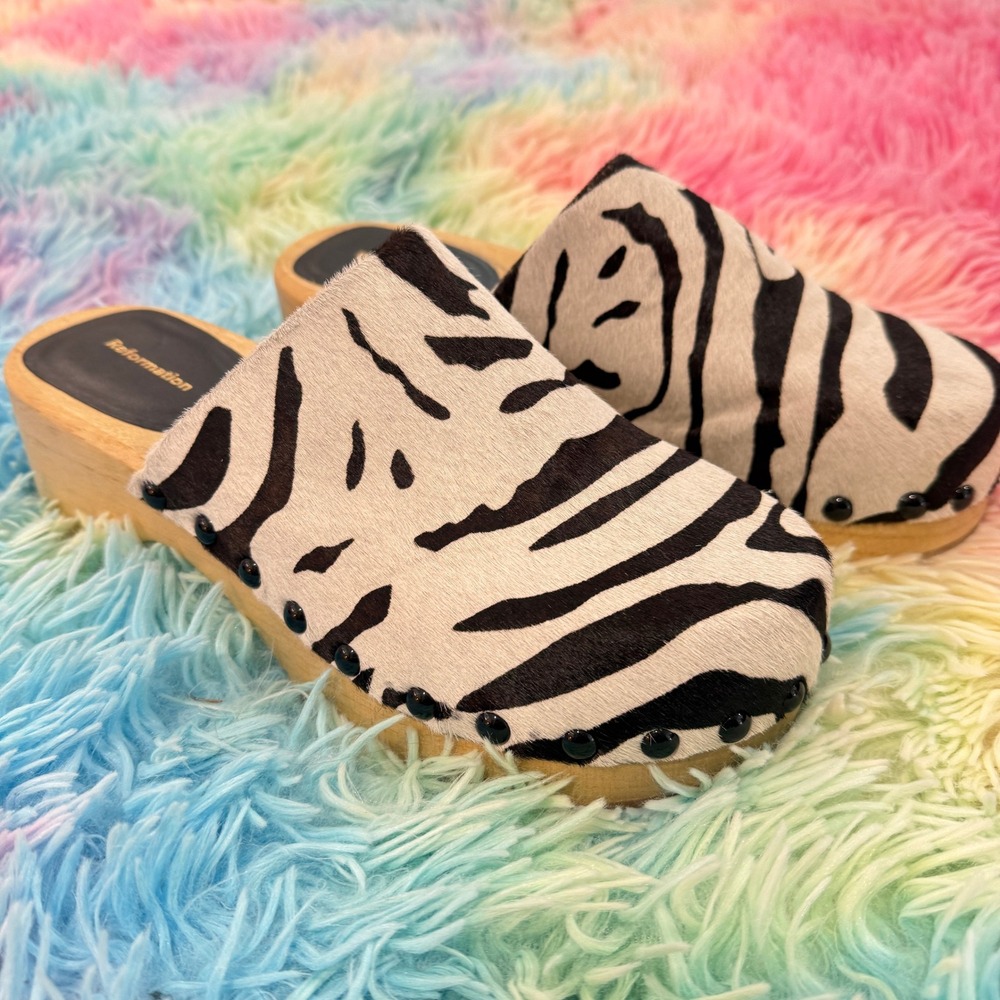 Reformation Clogs Rayna Women 9 Zebra Print Calf Hair Studded Wood Platform